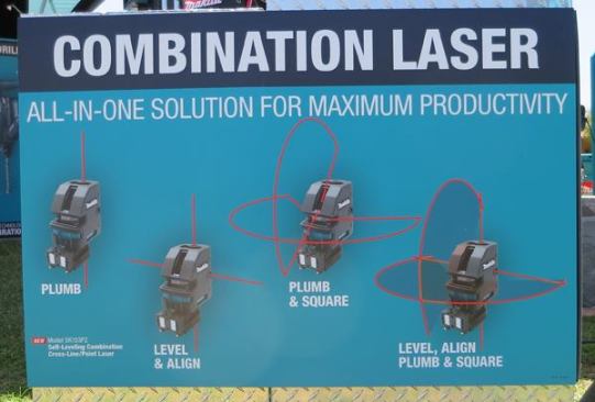 The SK103PZ is Makita’s first foray into lasers, a high-end combination model that can be used in place of a plumb bob and projects plumb lines, level lines, and dots for doing square layout. Features include a pendulum lock, adjustable magnetic base, and a pulse mode for use with a detector. The laser is scheduled for release in July 2015 and will sell for about $350. A detector and T bar bracket for the tool are said to be on the way.