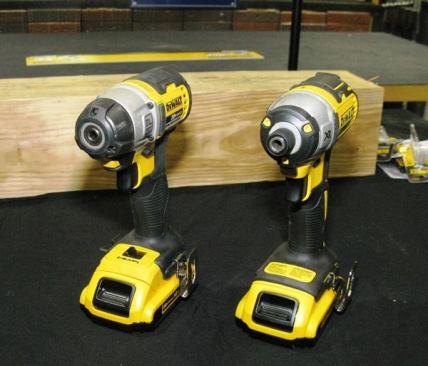 Here are the two brushless impact drivers currently made by DeWalt. On the left is the DCF895, which came out last year. It has three speed ranges and a unique recessed chuck with a push-button bit release. On the right is the newer DCF886, which has one speed range and a conventional chuck. It costs less than the DCF895 but has the same maximum torque rating (1,500 inch-pounds). Both tools are shown with the new 2.0 Ah XR battery packs.