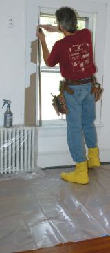 For a job that might disturb only a small amount of lead paint, you just need to cover the floor with a sheet of 6-mil plastic that extends 5 feet away from the work area. Plastic shoe covers keep dust off and improve traction on the slippery surface.