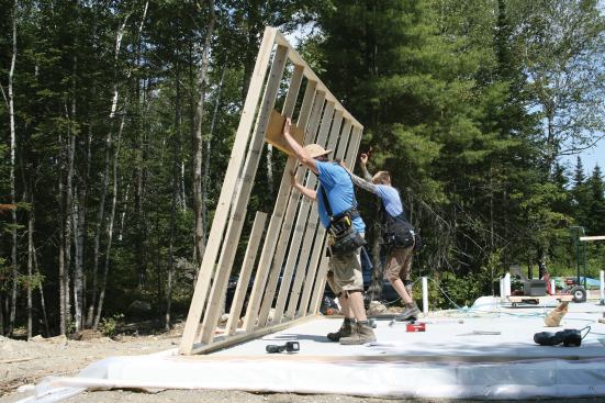 After the sill seal, the crew stood the conventionally framed inner 2x4 support walls.