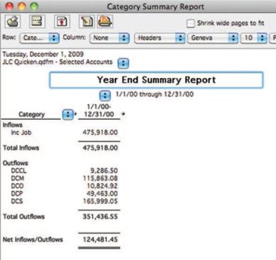Other memorized reports compare company income with expense for a given time period, such as this year-end report.