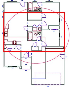 In Gary Klein’s study of hot-water-piping efficiency, he analyzed floor plans for “architectural compactness.” A typical plumbing layout ropes in 1,279 sq. ft.