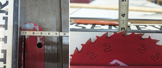 He sets the fence to 1/2 inch and adjust the height of the saw blade to 2 13/16 inches.