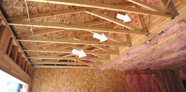 Huge hidden leaks above this garage ceiling will be inaccessible once the ceiling is hung. These areas should have been sheathed before the attic trusses were installed.