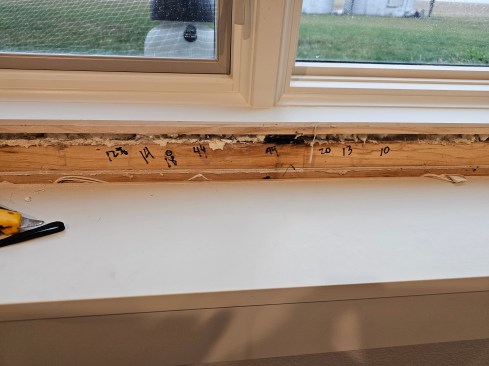 Using a moisture meter, he mapped the moisture content (MC) along the bottom of the window. The MC was highest (44%) below the gap in the mullion. 