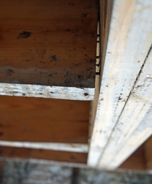 No joist hangers supported the joists carried by the flush beam.