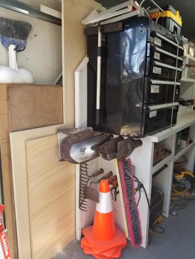 I keep sheet goods on the left side. If I haven’t told you the importance of setting up a work table—legit 4x8 table where it’ll fit—I will. That’s a story for another day. Note otherwise un-wrangle-able earth worth tools are wrangled.