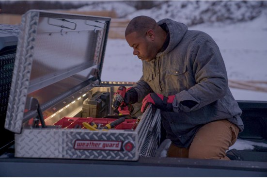Weather Guard Lighted Truck Boxes connect to the truck’s power supply and come with an on-board wiring harness.