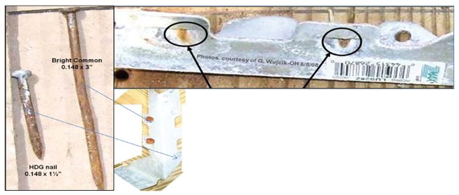 Zinc from the hanger was sacrificed to protect the uncoated, bright common nail on a one-year-old deck. Where a hot-dip galvanized (HDG) nail was used, there was no transfer of zinc between the nail and the hanger.