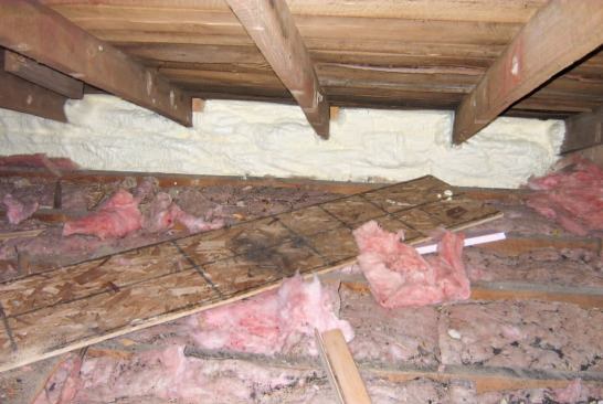 The foam insulation provided a continuous dam for the cellulose that would be blown into the attic. Where excess foam bulged beyond the eaves extensions, the crew cut it away with a sharp handsaw.