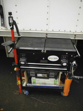 My cart usually contains FastCap’s Upper Hand, a pump jack that adjusts from 28” to 60” in length. When used with the MagMount accessory it can double as a laser pole. For larger installs, I use a T-Jak, an adjustable pole designed to support cabinets.