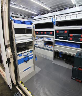 Knapheide exhibited an impressive array of up-fitted vans. This one was designed in conjunction with Bosch, which is why it contains those dark blue L-Boxxes. The white and light blue boxes are from Sortimo.