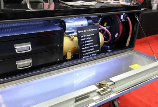 DC-powered compressors are typically mounted in service trucks; this one from Phoenix USA fits in a side box. Capable of providing 1.70 cfm at 90 psi, this small unit (AC12V3) won’t support a framing gun, but it can fill tires and power a small impact wrench. The company is working on a larger, more powerful model. This one sells for about $560, including the hose reel.