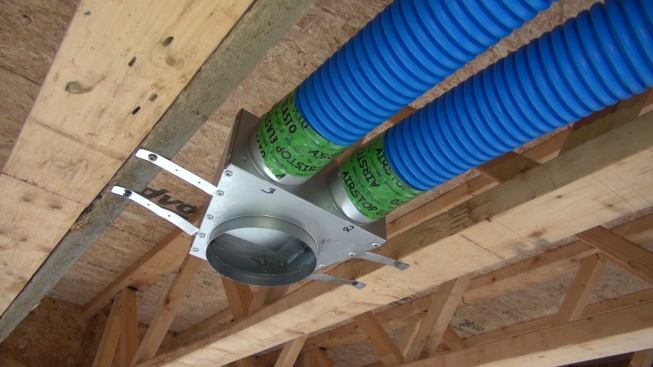 A supply register for the Air Pohoda energy recovery ventilator, showing how hose connections are sealed using Airstop Elasto tape.