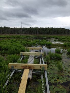 The crew installed decking as they framed the boardwalk out into the wetlands, enhancing access with aluminum planks.