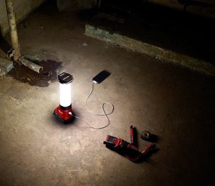 The M18 LED Lantern (model 2363) has a strobe setting and three levels of illumination: 700, 350, and 70 lumens. When equipped with an XC battery pack it is said to have 18 hours of runtime on high and 75 on low. Light can be cast in a full circle or focused in a single direction (360-180 degrees). The light is equipped with a 2.1 amp USB charging port that can be used to charge a phone or MP3 player. Available: October 2014. Price: $79 (tool only)