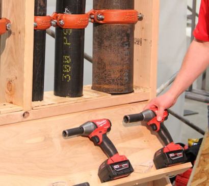 Second Generation Fuel Compact Impact Wrench. Smaller and lighter than first generation models, the new 1/2” impact wrench (
model 2755; 220 ft-lbs) and 3/8” wrench (
model 2754; 210 ft-lbs) are also more powerful. As with the second gen impact driver, the impact wrenches have multiple preprogramed settings. Mode 1 (30 ft-lbs; 0-900 rpm) is for “delicate” work. Mode 2 (75 ft-lbs; 0-1,600 rpm) is for tougher tasks. Mode 3 is all-out (max torque; 0-2,500 rpm). In mode 4 (auto shutoff) the tool automatically runs in 1-second bursts, making it easier to evenly tighten items such as the pipe couplers on commercial fire sprinkler systems. Available September 2015