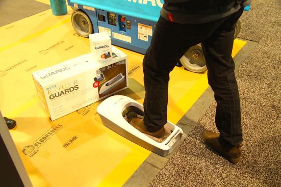 Though not new to the market, this E-Z Floor Guard system from Trimaco was new to us. Intended to replace booties, this system consists of a roll of film set inside a pod. Step into the pod and the film sticks to the bottom of your shoe. When you remove your foot the roll unravels and cuts away like Saran wrap. www.ezfloorguards.com