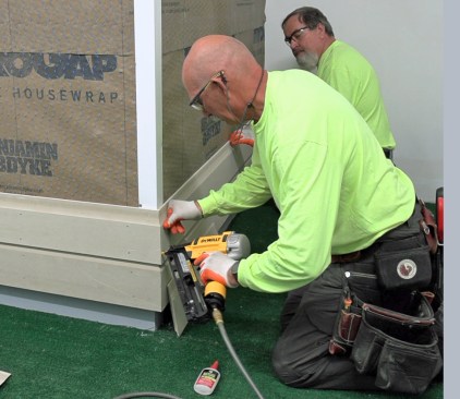 The author secures outside miters with ring-shank nails and a compatible exterior glue.