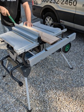 The author loved the end-of-table outfeed support. Editor Mark Clement, who cuts different lumber—heavier PT stuff—than he does noticed that it changes the balance point of the tool, enabling, in some cases, too much weight to get out in front of the saw.