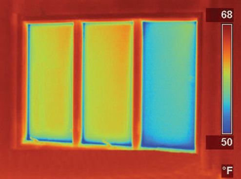 The inside surface of the low-E windows (left and center panes) are much warmer than that of the clear double-pane (right pane). If this window had three bays of clear double-pane glass, the room’s heating thermostat would have to be 2°F to 3°F warmer to provide the same level of comfort achieved with low-E glass.