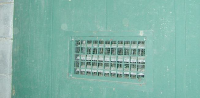 The entire crawlspace was equipped with just two small vents. One is shown here as viewed from outside the crawlspace under the exterior deck.
