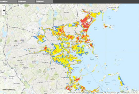 Even a Category 2 storm, given a worst-case storm track, brings the risk of 3-foot to 6-foot storm surge flooding to Boston and its suburbs (indicated by orange and yellow colors), along with a 9-foot surge risk for densely populated neighborhoods and industrial areas in towns north of the city. (Note: this “worst-case” map illustrates areas at risk, but the actual flooding would depend on the storm track and would not affect all the threatened areas during a single storm.)