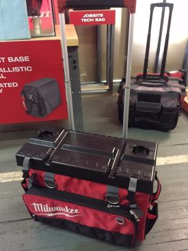 Milwaukee's expanding its tool storage and tool carrying line. This rolling tool box has a telescoping handle, 6" rubber wheels, skid-plate covers over the handle housing so pulling it up stairs won't damage the handle. And best of all: it's built to double as a dolly, witch a load capacity of 200 lbs. Dave Frane also pointed out that it's a great place to sit and eat lunch.