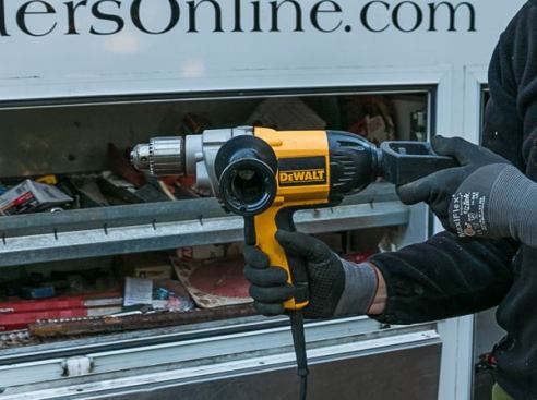 Our 10 year old 
DeWalt DM130V corded drill died about six months back so we bought another one. We use this drill to bore holes for J-bolts, or for through-bolts on some hangers. For 3/4-inch holes through a glulam we are glad to have the extra torque. And when we need to bore larger holes using hole saws we have to use this corded drill because we don’t have a cordless drill stout enough to make 3-inch holes through plate material and subflooring.