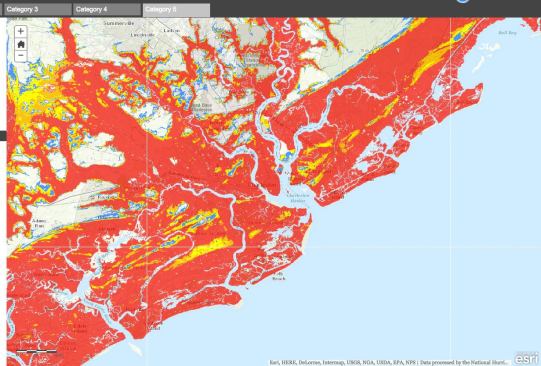 Very few locations in Charleston, South Carolina, and vicinity are exempt from the risk of nine-foot or greater storm-surge floodwaters in the event of a worst-case direct hit from a Category 5 hurricane. Hurricane expert Jeff Masters notes that even one foot of storm surge floodwater is enough to sweep a car off the road, while people find it hard to stand up in even six inches of storm surge flooding. Surge waters tend to move at 10 mph to 15 mph, about the speed of the hurricane’s travel.