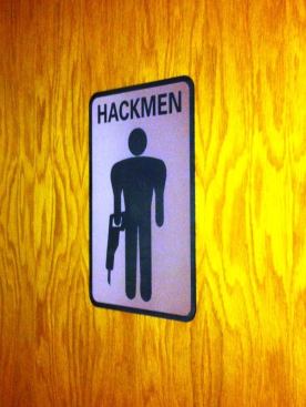 A bonus photo: This is the sign on the men’s room in Lenox’s corporate offices. I went in, even though my name is not Lee Breton. Lee worked for Lenox for 48 years and came to be known as Hackman for his feats with recip saws and hacksaws. You name it; he sawed it in half with Lenox blades: houses, autos, airplanes, buses, and even railroad cars. Lee retired from Lenox and continues to cut things up with Team Hackman – which includes a bunch of men and a couple of women (one of them Lee’s daughter). I didn’t look, but it made me wonder if there was a Hackwomen sign on the women’s room.