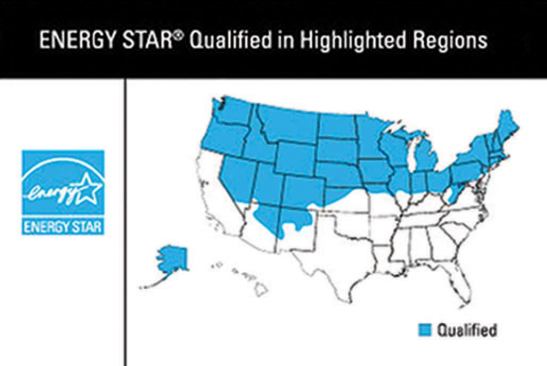 The Energy Star label uses color shading to show the climate zones where a particular window or skylight will perform well.