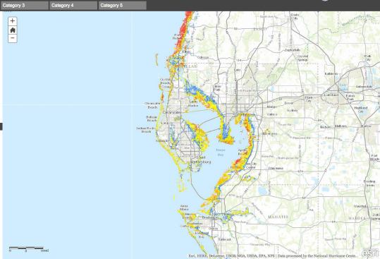 The NHC’s “worst-case” slosh map shows how a Category 2 storm overrunning Tampa, Florida, would likely bring 3-foot to 6-foot storm surge flooding to the Tampa Bay shoreline.