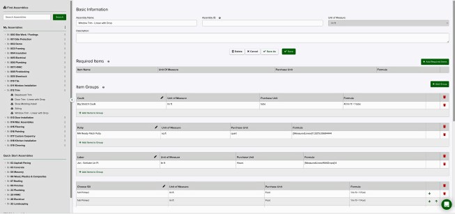 Assemblies” can be built with “Items.” In this example, we see the assemblies library available to the author and a selected entry—“Window Trim - Linear with Drop”
