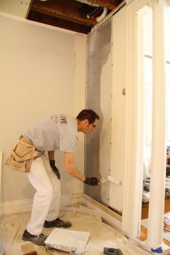 Before applying the plaster over the mesh and ceiling repair, I first had to apply a plaster bonding agent.
