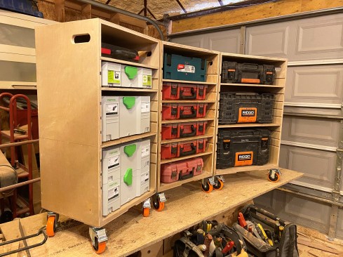 The author uses plenty of commercially made boxes but transports and stores them in rolling cases that allow him to access them one at a time. The modular design of his cases allows any one case to accept any of the brand-name storage systems he owns. He often discards the blow-molded inserts included in brand-name toolboxes, as these tend to make inefficient use of the space inside the box.
