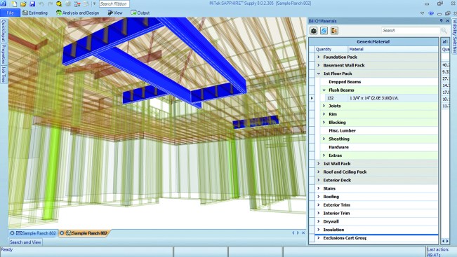 Known as BIM to BOM, Mitek’s Sapphire can generate a 3D “BIM” model from a 2D set of plans drawn in another program; optimize the framing; make sure it meets local building codes; and spit out a bill of materials (BOM) to shop with suppliers.