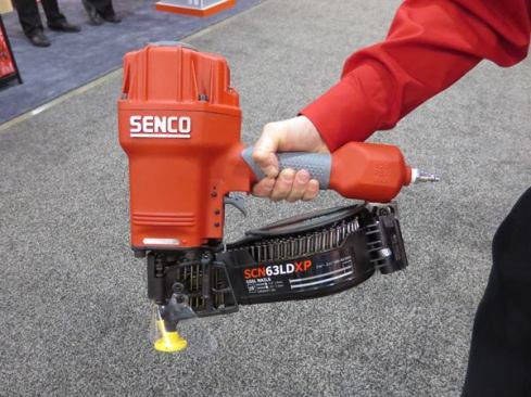 This mother of all sheathing nailers (SCN63LDXP) is a specialized tool that was developed by Senco for a manufacturer of structural insulated foam—foam that is attached at the factory to OSB or some other sheet material. How do you fasten something like that? Senco’s solution was to use an extra-long driver that pushes the head of the nail through the foam and seats it against the sheathing. This particular gun works with 1 3/16-inch foam over panels; Senco will likely develop models for other thicknesses.