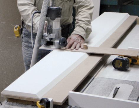 The blanks are then routed with a large 45-degree chamfer bit.