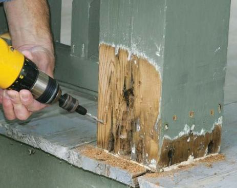 Drilling a series of small holes around the perimeter of a rot-damaged crevice makes it possible to inject epoxy consolidant deep into the wood.