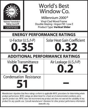 The NFRC label makes it easy to assess a window’s energy performance. Which U-factor and solar heat-gain coefficient (SHGC) are optimal depends on climate. Optional ratings for air leakage (AL) and condensation resistance (CR) are included on this sample rating. AL indicates how many cubic feet of air leak through a square foot of window area, and generally ranges from 0.1 to 0.3. CR, which uses a scale of 1 to 100, indicates how well a window resists forming condensation on the inside of the glass. Higher numbers indicate better resistance.