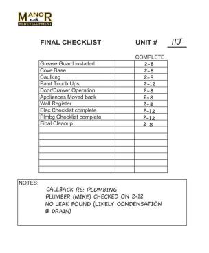 The final checklist tracked progress on each kitchen and helped keep the overall project on schedule.