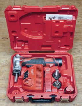 All three tools come in plastic cases with sturdy metal latches. The Pro- PEX-expander case (shown) holds the three expander heads, a tube of grease, and either Milwaukee's standard batteries or its optional XC batteries, which double the runtime.