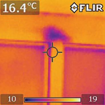 Air leaks around windows and doors typically appear as blue "fingers" on the IR screen, while blue patches indicate conductive losses from problems like thermal bridging, insulation voids, and moisture damage.