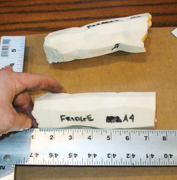 After being chilled, the test pieces show obvious distortion. The shrinkage visible in the top sample, which had been left in a freezer overnight, is more pronounced than that in the sample at bottom, which had been refrigerated.
