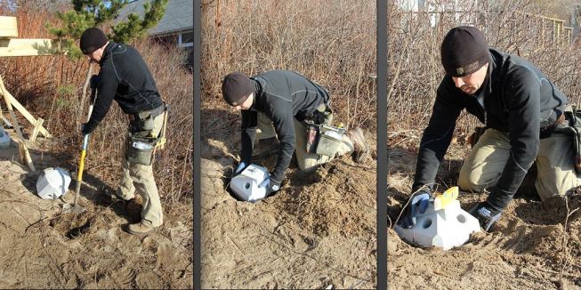 To position the Diamond Pier unit, Cape Cod remodeler Mike Horgan digs a small hole in the ground (left), sets the precast concrete footing onto the soil (middle), and levels the footing with a torpedo level (right).