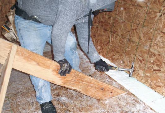 Ridge: We spiked the ridge to the floor at its back end, so that the whole dormer assembly was stiffly braced.