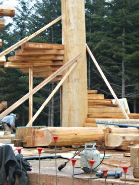 To eliminate any distortion of the trunk during layout and initial construction of this spiral stair, the builders carefully braced the center column in the position it would later assume when vertical.