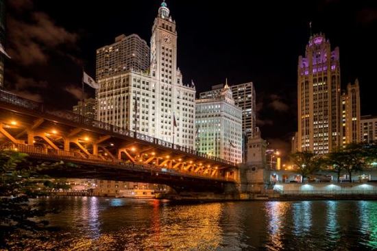 A nightime view of Chicago's famous Wrigley Building, which opened in 1922.