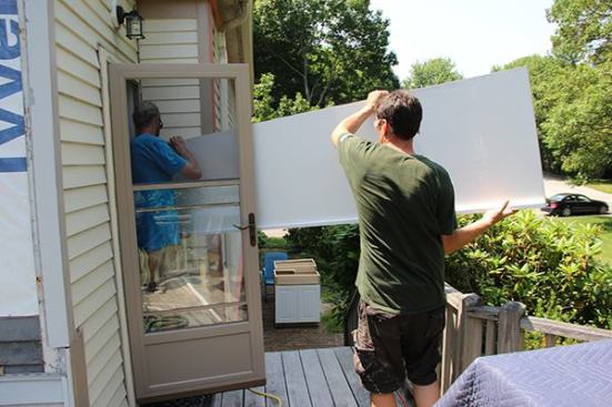 Back into the kitchen for a second, more precise scribe of the panel side and base. As you can see, muscling a whole completed cabinet in and out of this kitchen door would have been difficult.
